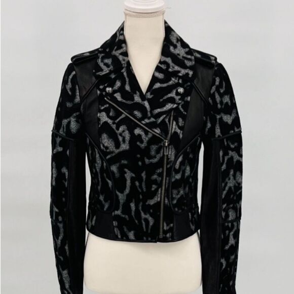 DVF Jacket Leather Moto Animal Print Black Size 2 - Picture 5 of 14